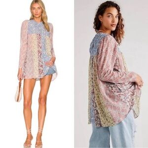 Free People Merrie Mix Print Tunic Top In Lilac Combo Size XS